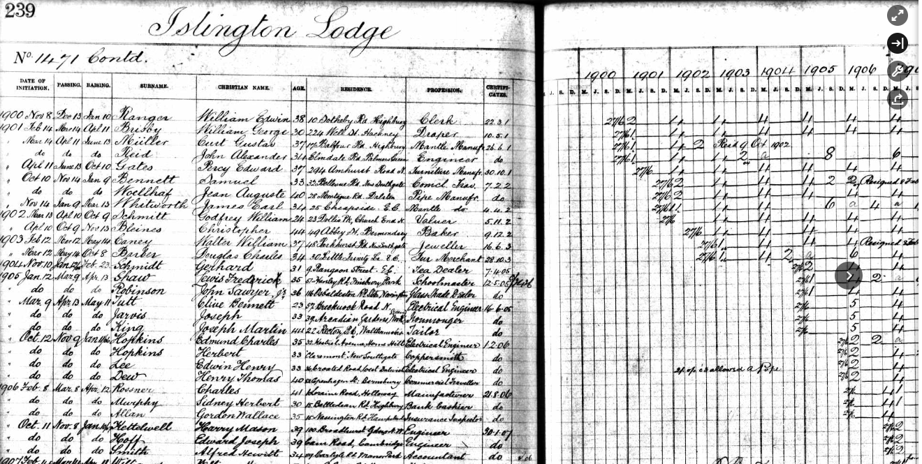 Islington Lodge Freemasons Register entry for Alfred Hewitt Smith, Accountant, Manor Park
